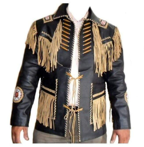 Men's Leather Jacket Western Wear Cowboy Black Beige Fringe Jacket - Shearling leather