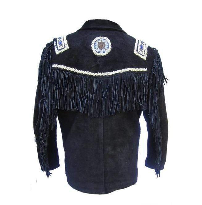 Men's Fringe Jacket Western Wear Cowboy Black Suede Jacket - Shearling leather