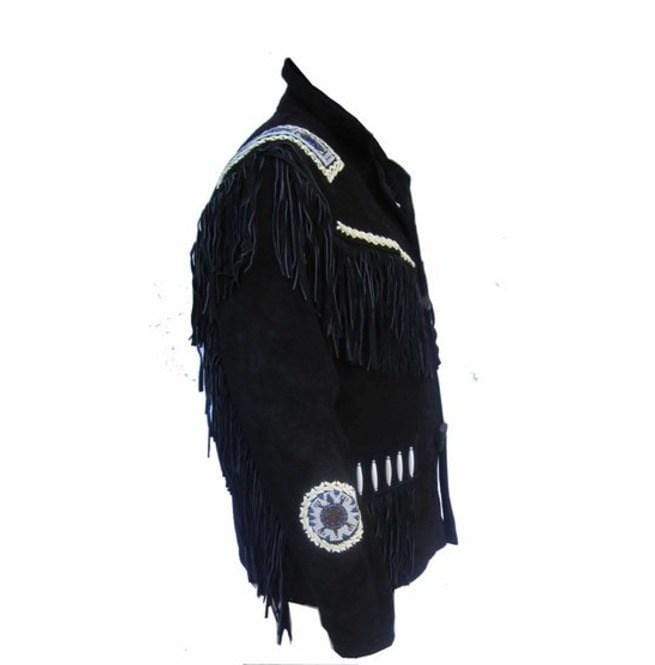 Men's Fringe Jacket Western Wear Cowboy Black Suede Jacket - Shearling leather