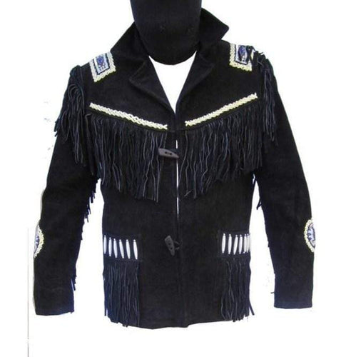 Men's Fringe Jacket Western Wear Cowboy Black Suede Jacket - Shearling leather