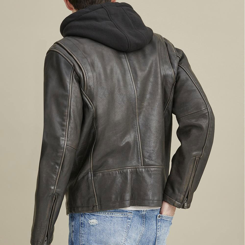 Mens Hooded Biker Leather Motorcycle Jacket With Zipper