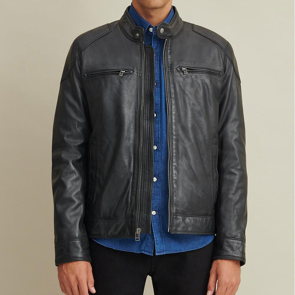 Men's Motorbike Leather Biker Riding Jacket with Shoulder Patches