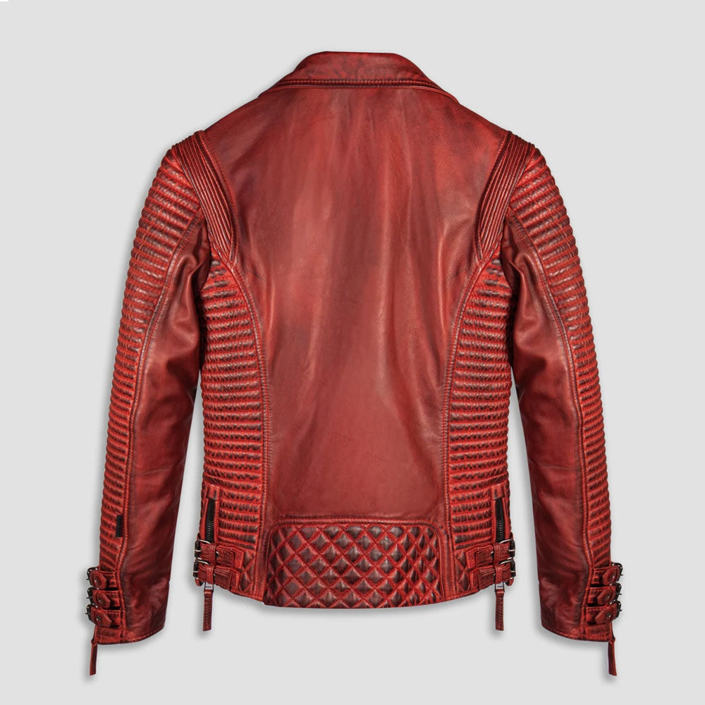 Men Red Waxed Biker Leather Motorcycle Jacket - Riding Moto Style