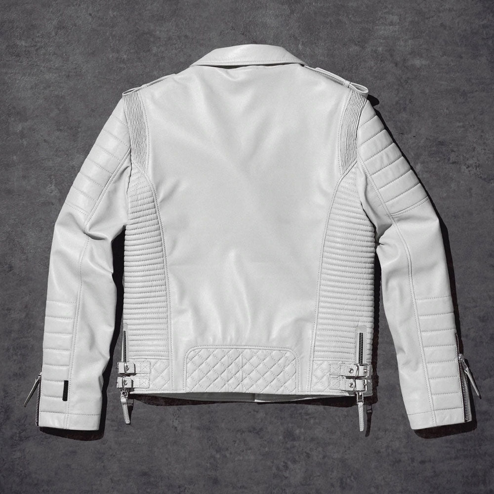 Men White Pearl Biker Leather Motorcycle Jacket