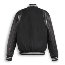 Load image into Gallery viewer, Black Varsity Bomber Leather Jacket With Stripes

