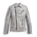 Chrome White Wexed Biker Leather Motorcycle Jacket on white background