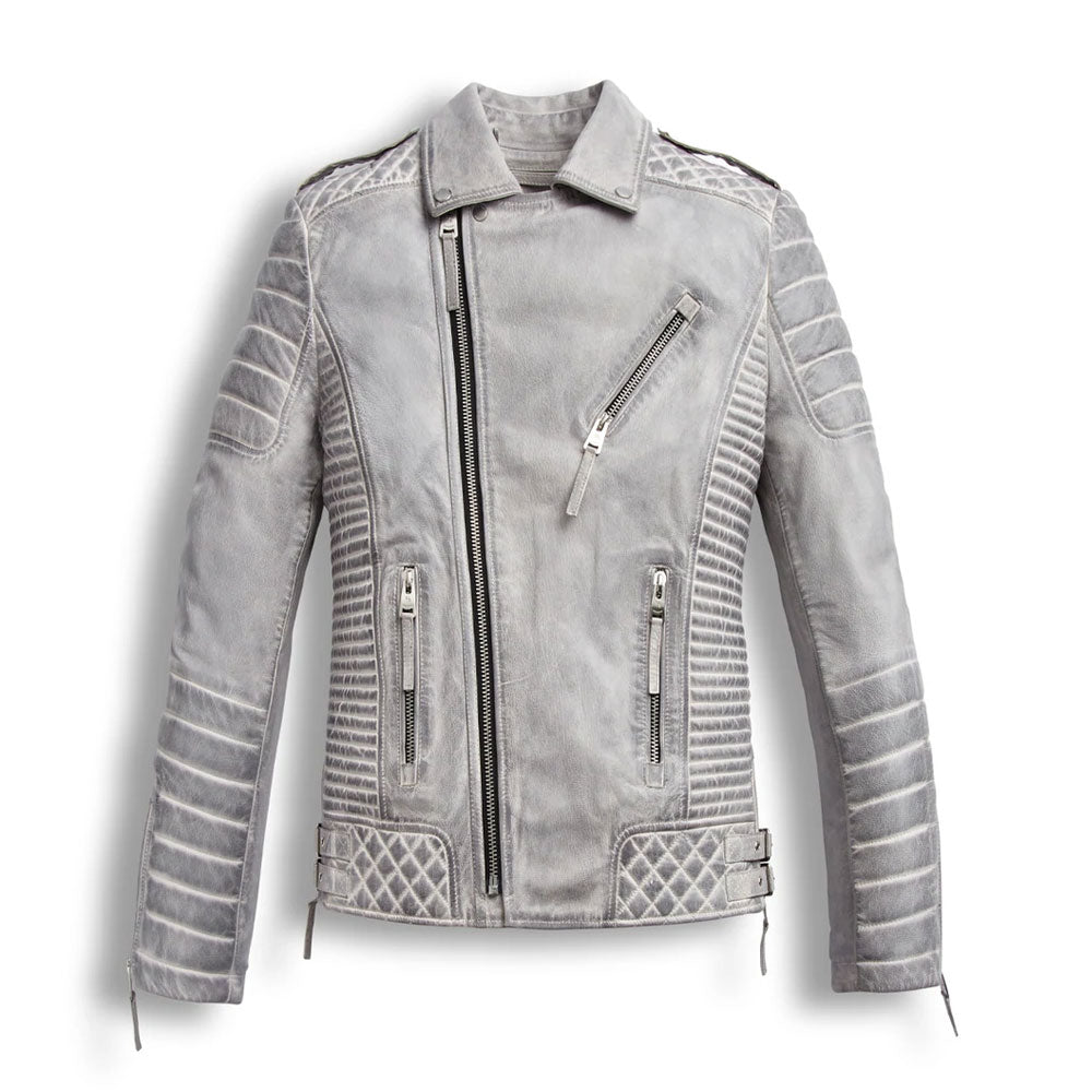 Chrome White Wexed Biker Leather Motorcycle Jacket on white background