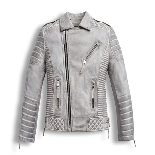 Chrome White Wexed Biker Leather Motorcycle Jacket on white background