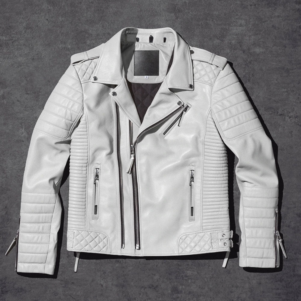 Men White Pearl Biker Leather Motorcycle Jacket