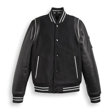 Load image into Gallery viewer, Black Varsity Bomber Leather Jacket With Stripes
