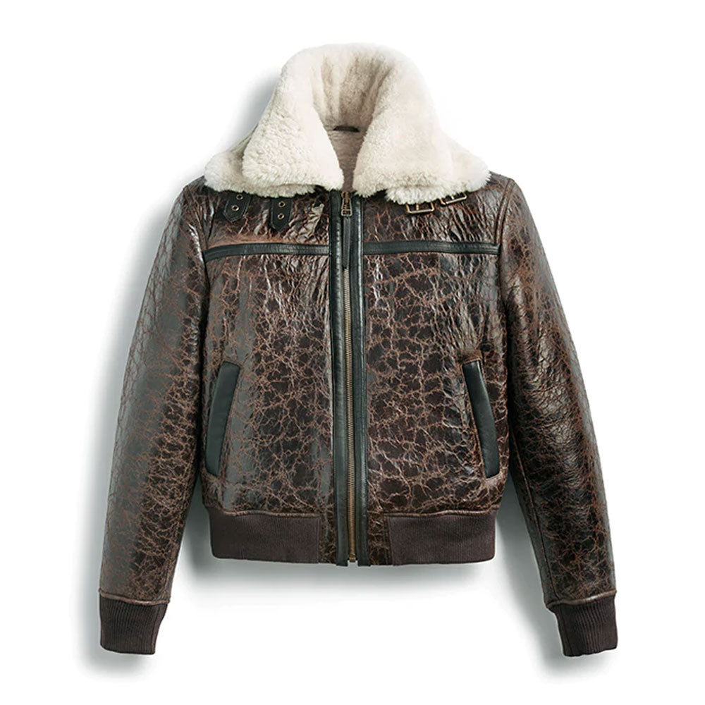 Men White Shearling Brown Aviator Leather Bomber Jacket