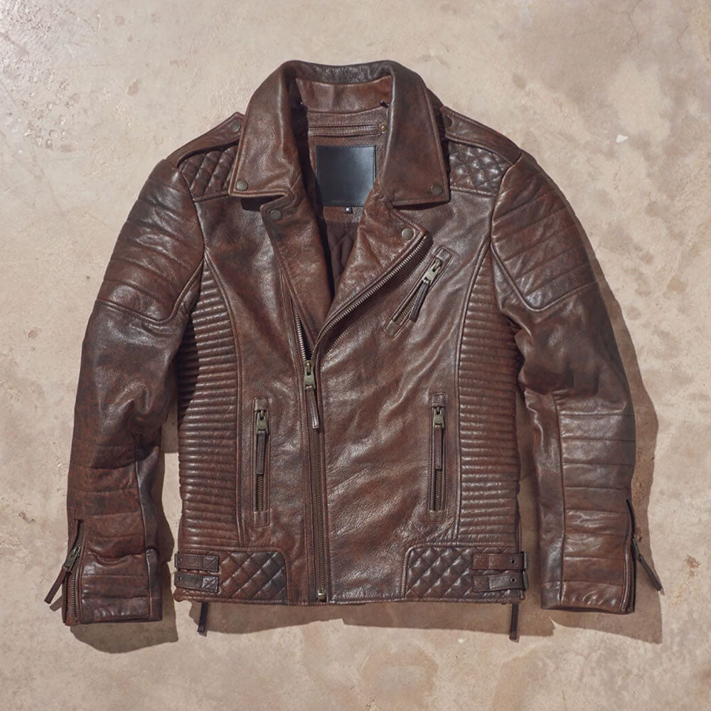Men Waxed Brown Biker Leather Motorcycle Jacket