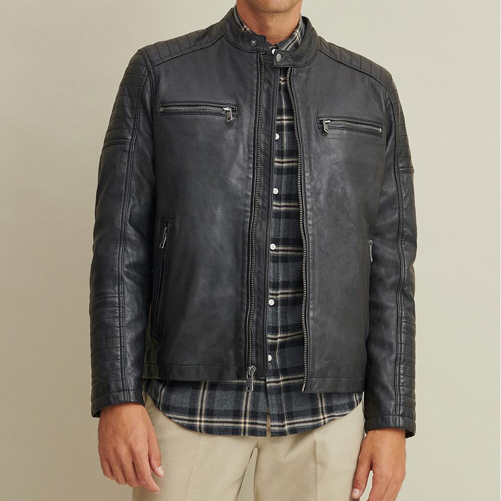 Men's Genuine Moto Biker Leather Motrcycle Riding Jacket