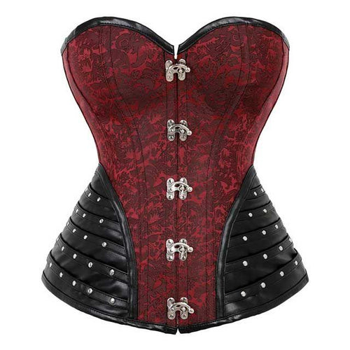 Brakni Leather Trim Steel Boned Brocade Steampunk Corset - Shearling leather