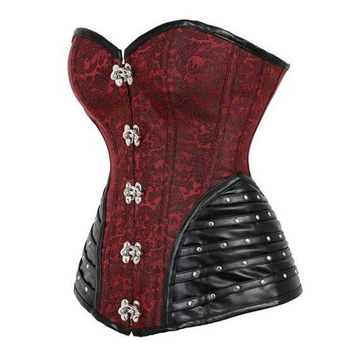 Brakni Leather Trim Steel Boned Brocade Steampunk Corset - Shearling leather