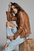 Women's Tan Brown Studded Leather Biker Jacket