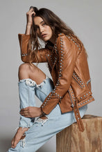 Load image into Gallery viewer, Women's Tan Brown Studded Leather Biker Jacket
