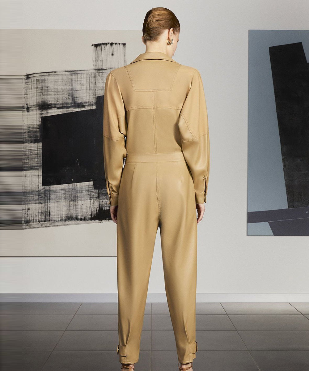 Light Brown Women's One Piece Leather Dress Jumpsuit