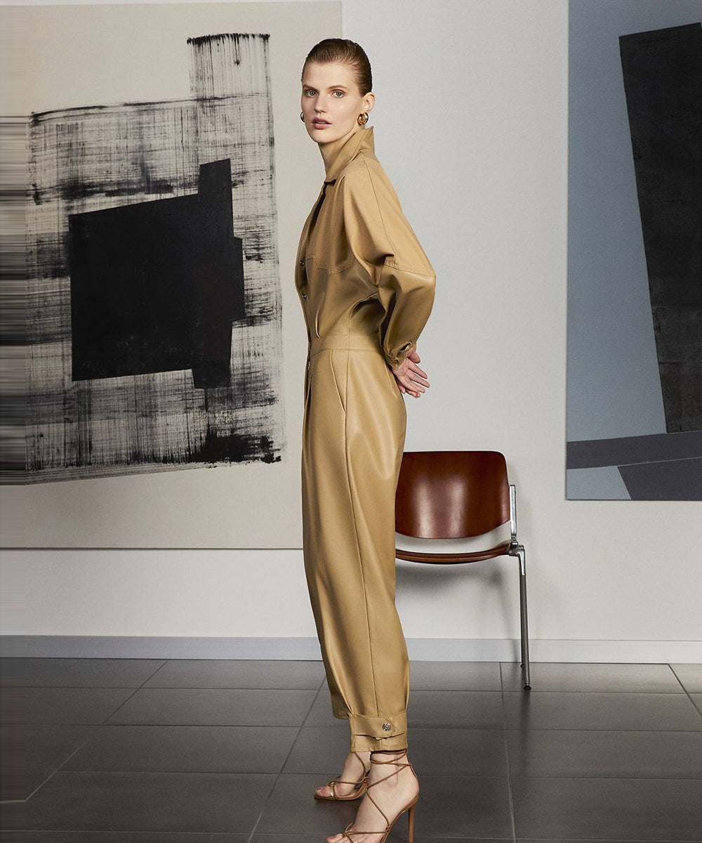 Light Brown Women's One Piece Leather Dress Jumpsuit