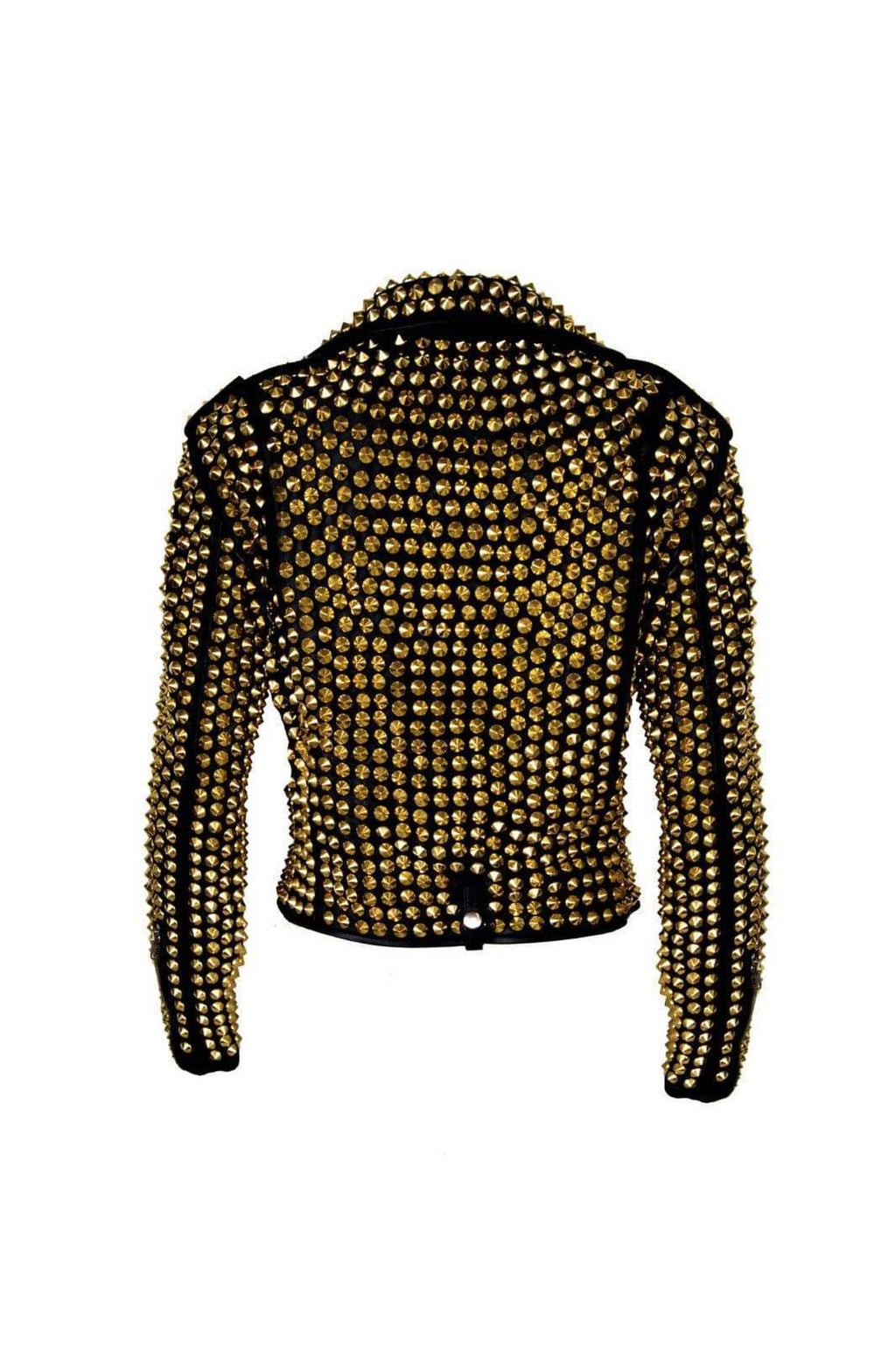 Luxury Woman Black Punk Golden Studded Cowhide Leather Jacket - Shearling leather