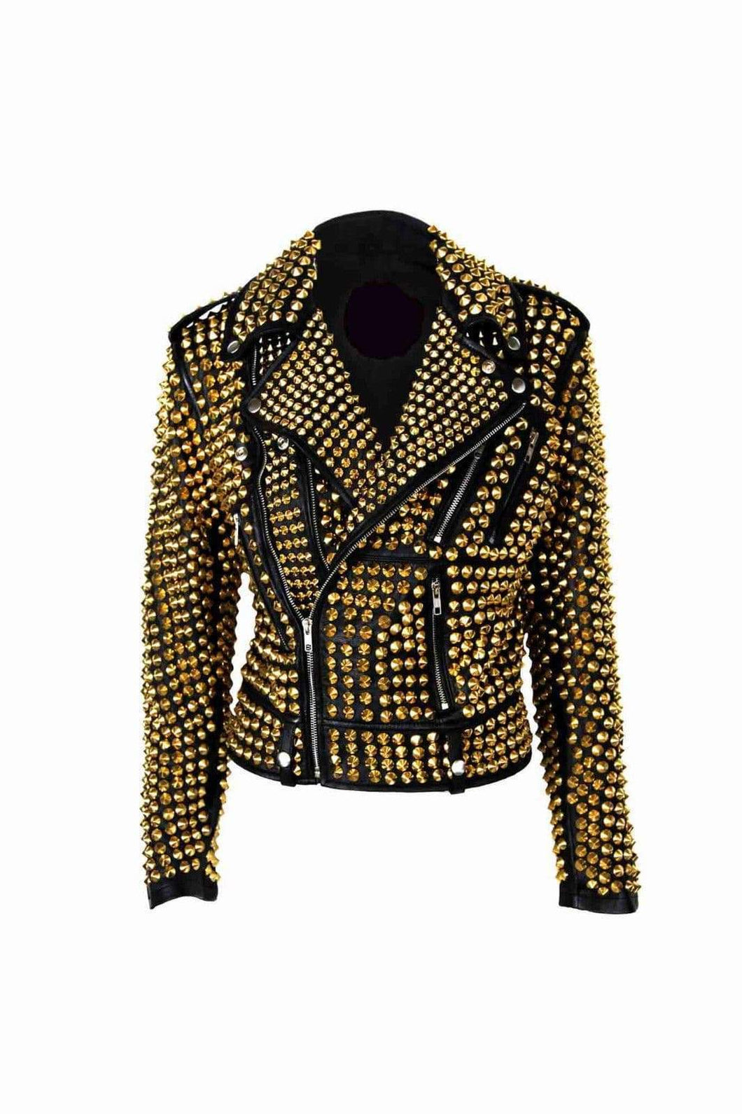 Luxury Woman Black Punk Golden Studded Cowhide Leather Jacket - Shearling leather