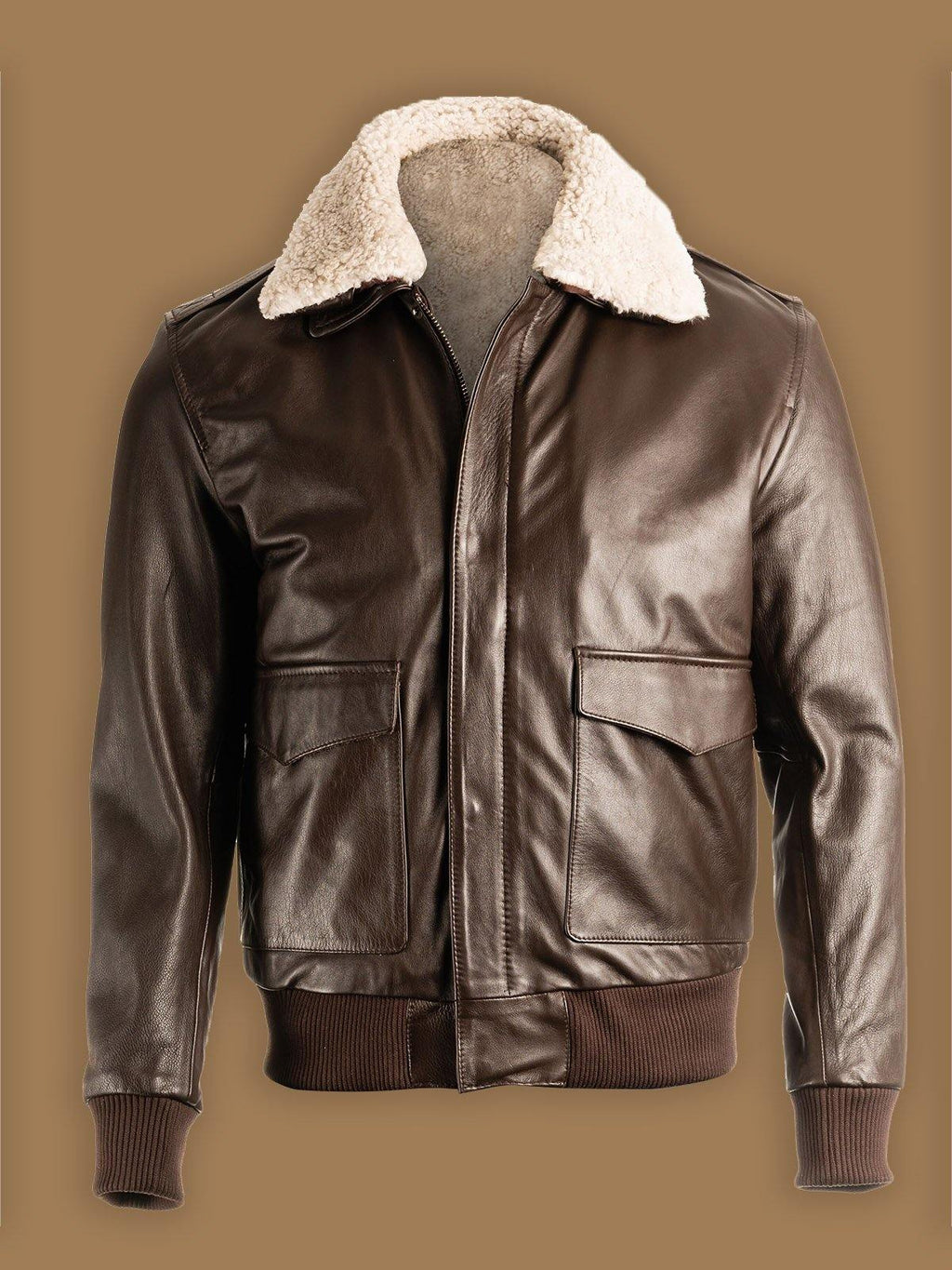 Men Brown Pilot Shearling Bomber Leather Jacket - Shearling leather