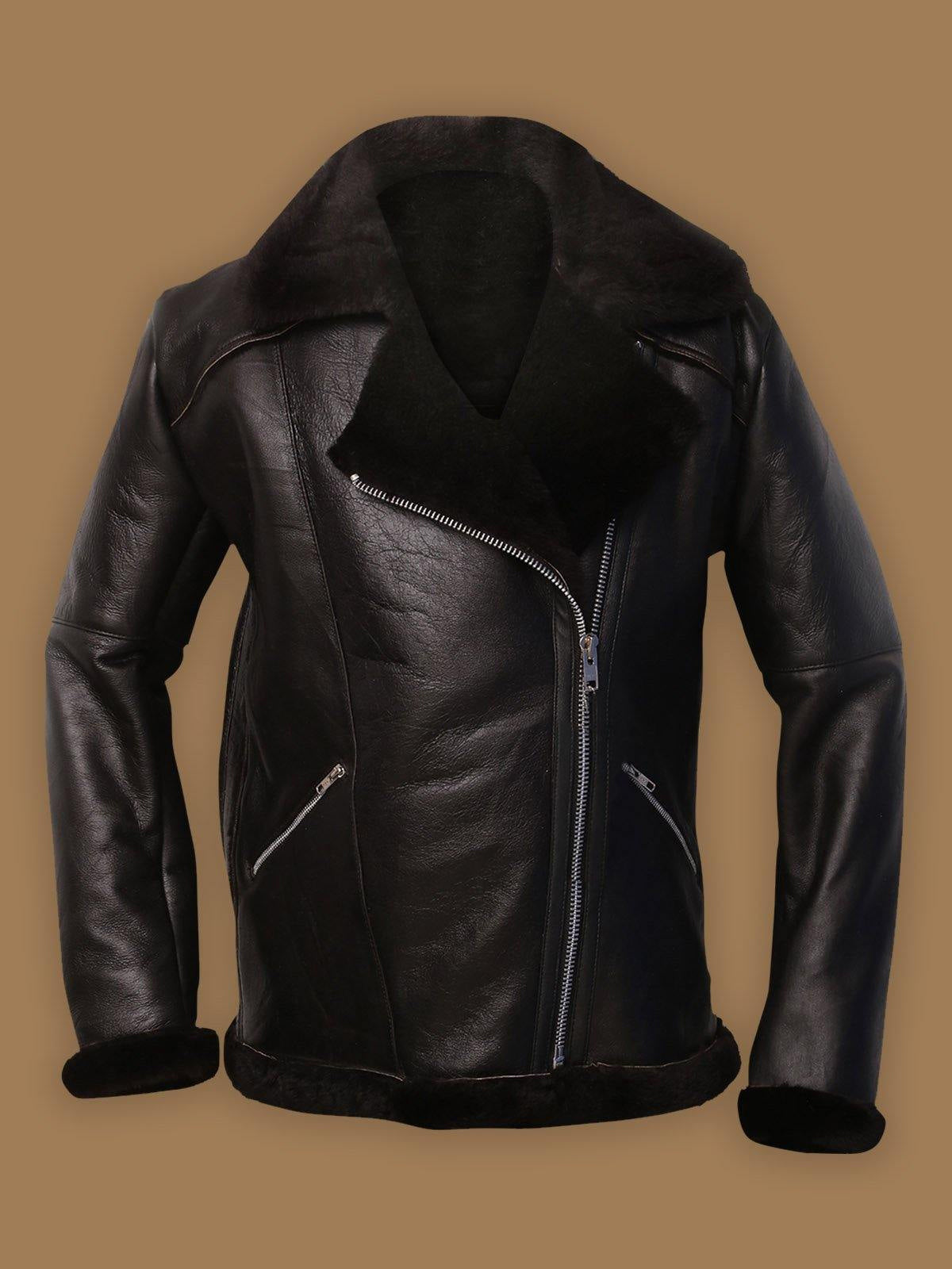Men Dark Brown Shearling Bomber Aviator Jacket - Shearling leather
