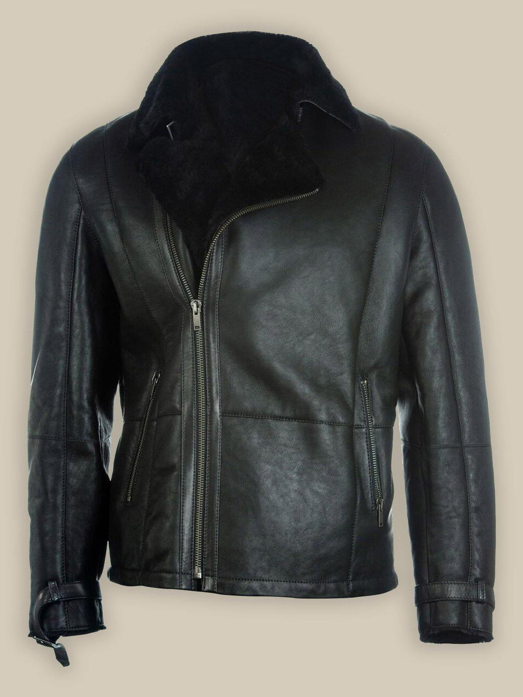 Men Pure Black B3 Shearling Bomber Leather Jacket - Shearling leather