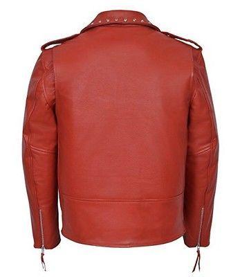 Handmade Men's Style Studded Brando Red Magnificent Leather Jacket - Shearling leather