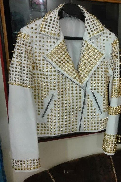 Man White Leather Jacket, Steampunk Golden Studded Punk Jacket - Shearling leather