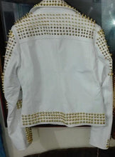 Load image into Gallery viewer, Man White Leather Jacket, Steampunk Golden Studded Punk Jacket - Shearling leather
