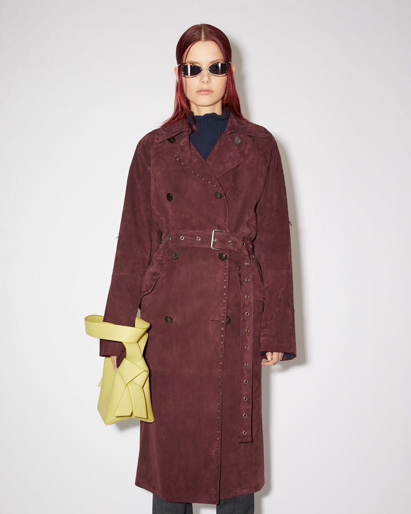 Maroon Suede Leather Long Duster Trench Coat