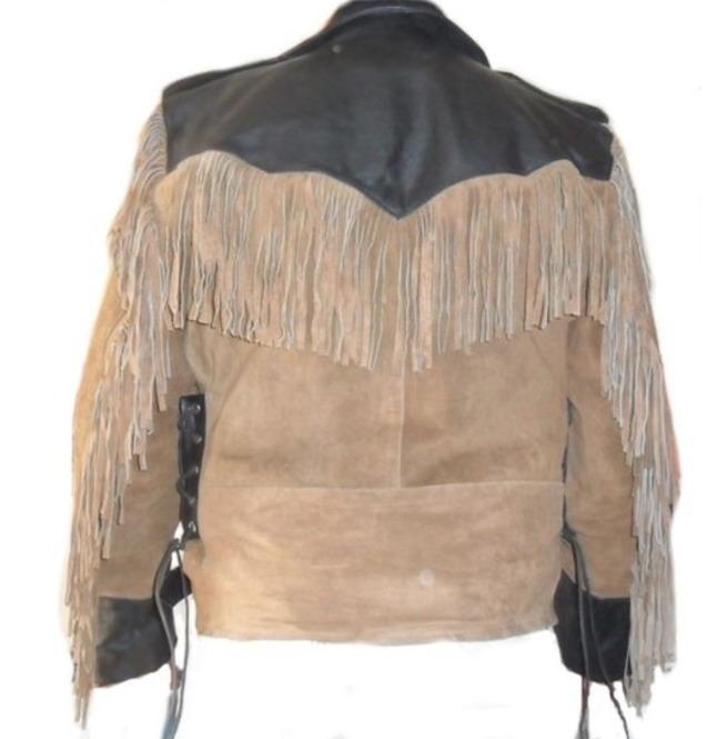 Men 1980's Cowboy Suede Leather Black Beige Jacket ,Cowboy Suede Fringe Jacket - Shearling leather
