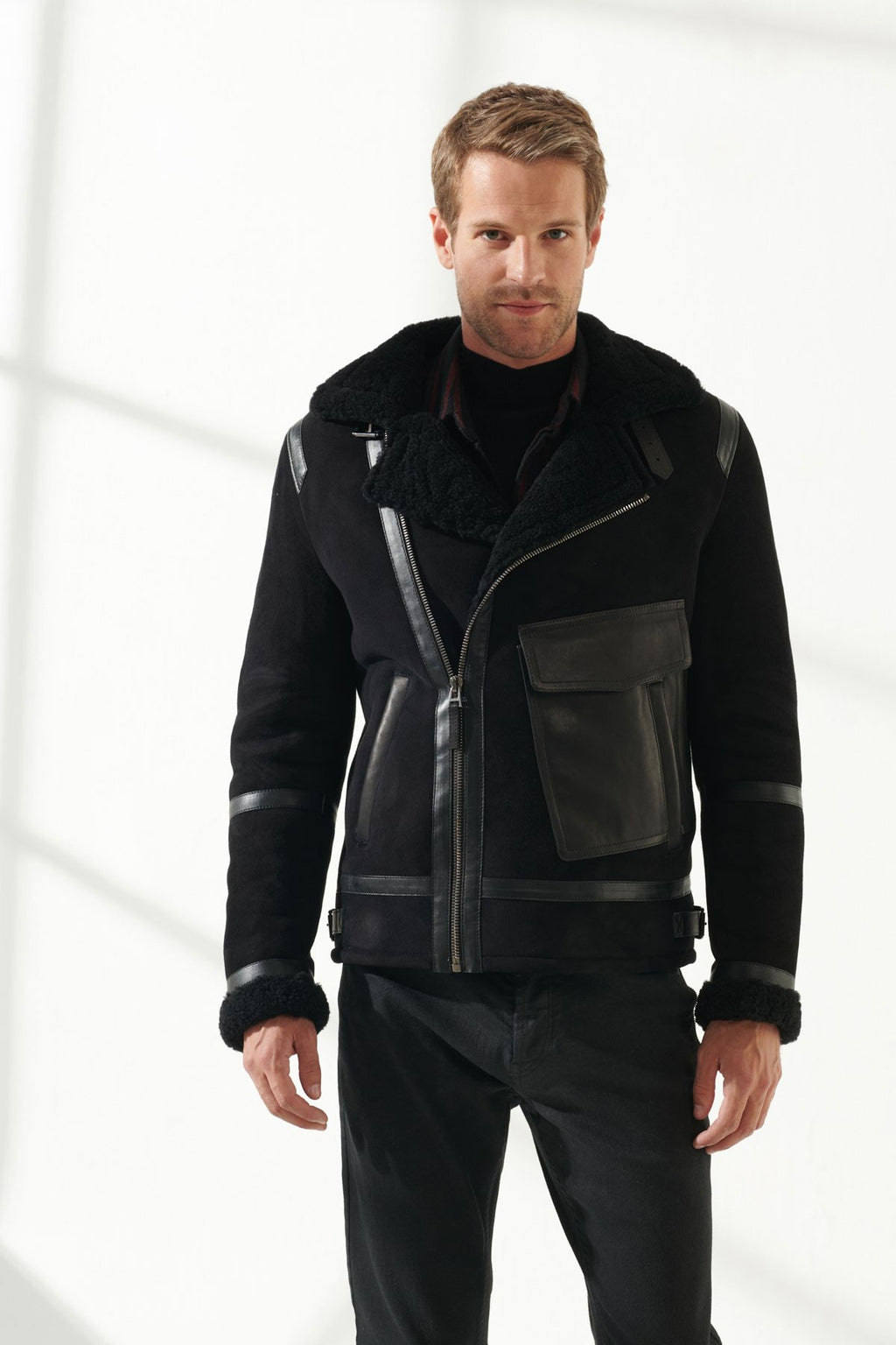 Front view of Men Aviator Black Shearling Jacket