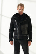 Front view of Men Aviator Black Shearling Jacket