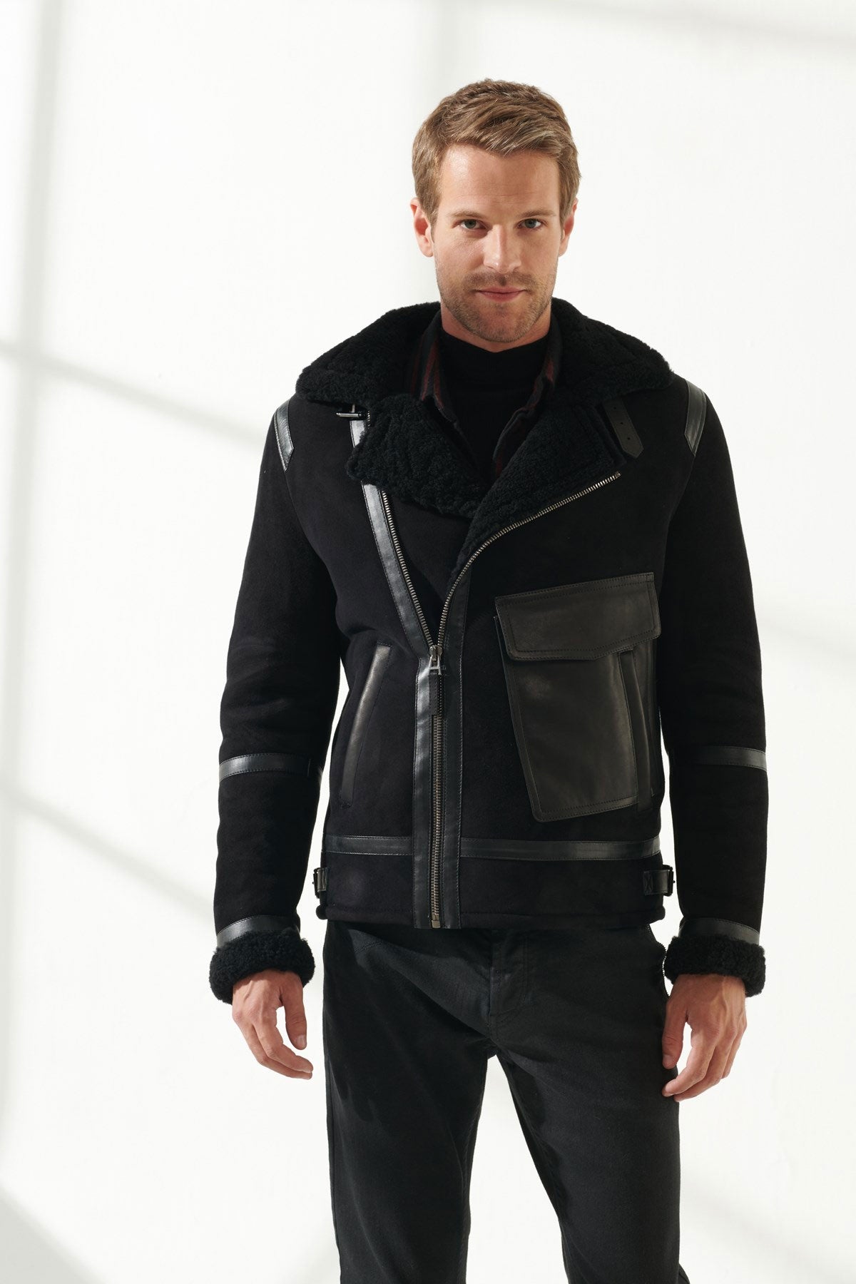 Front view of Men Aviator Black Shearling Jacket