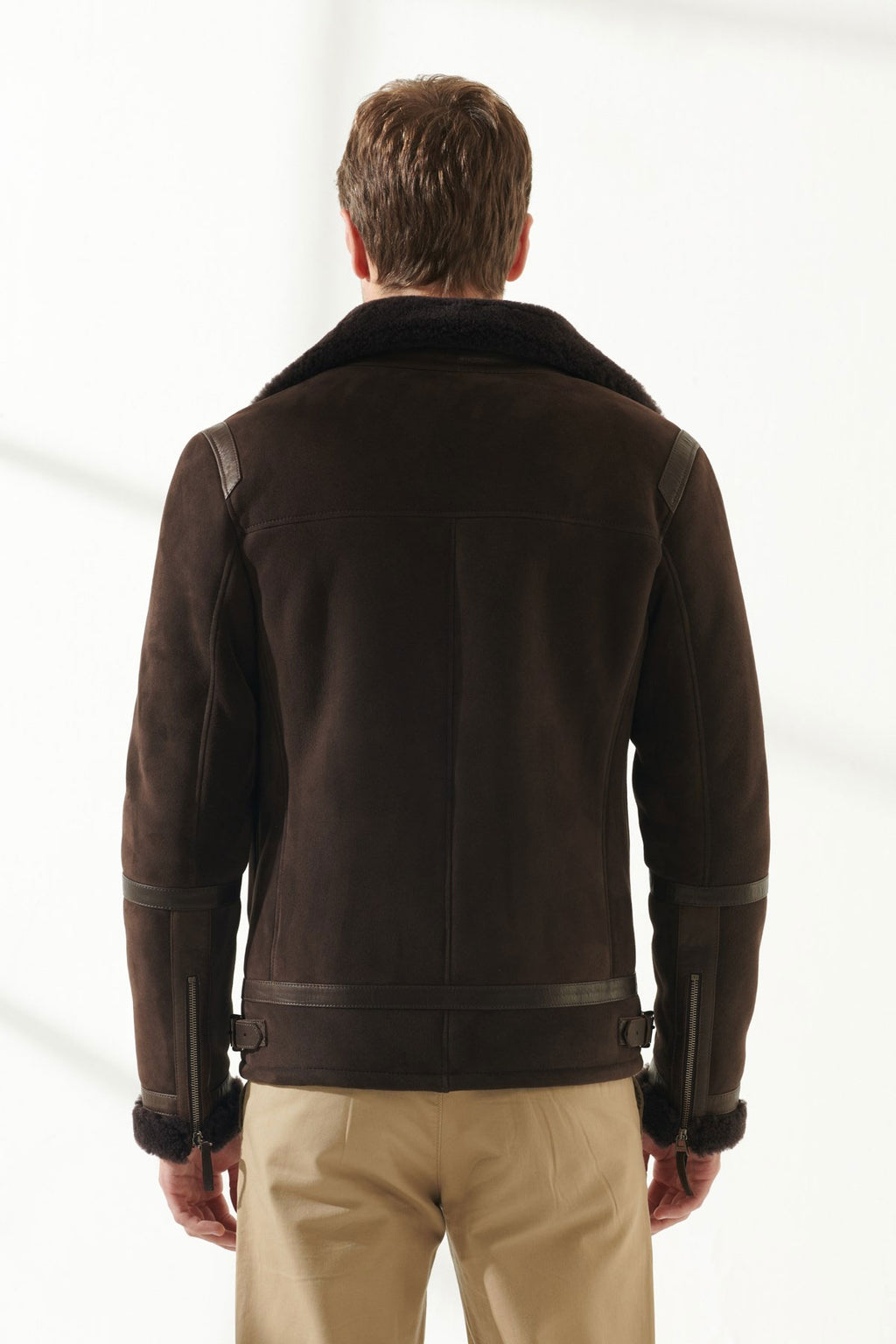 back view of mens shearling leather jacket