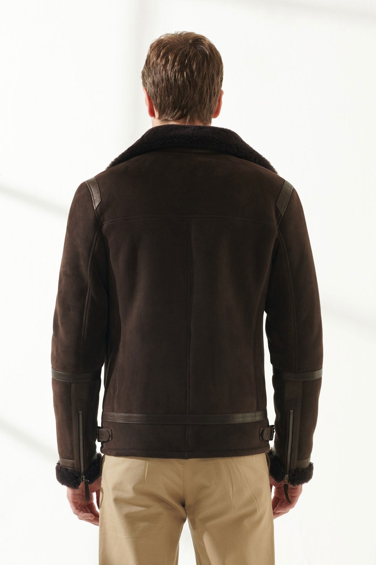 back view of mens shearling leather jacket