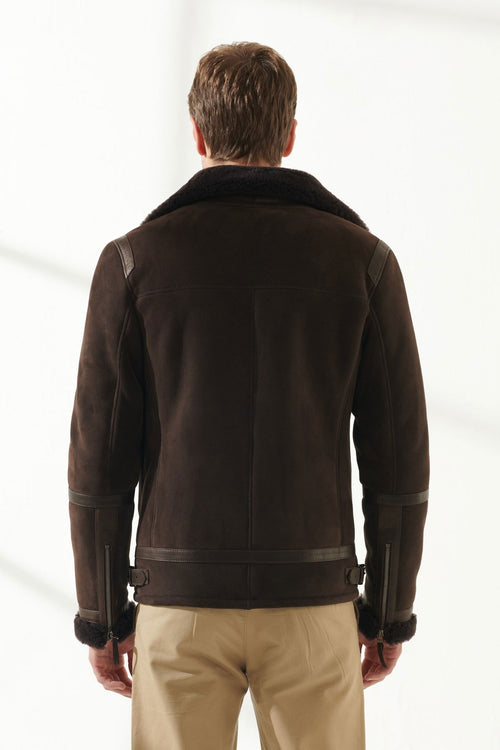 back view of mens shearling leather jacket