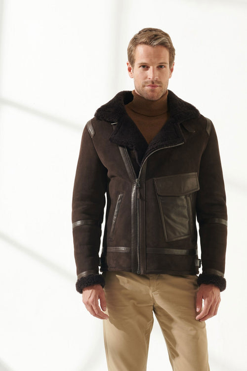 Brown mens shearling leather jacket