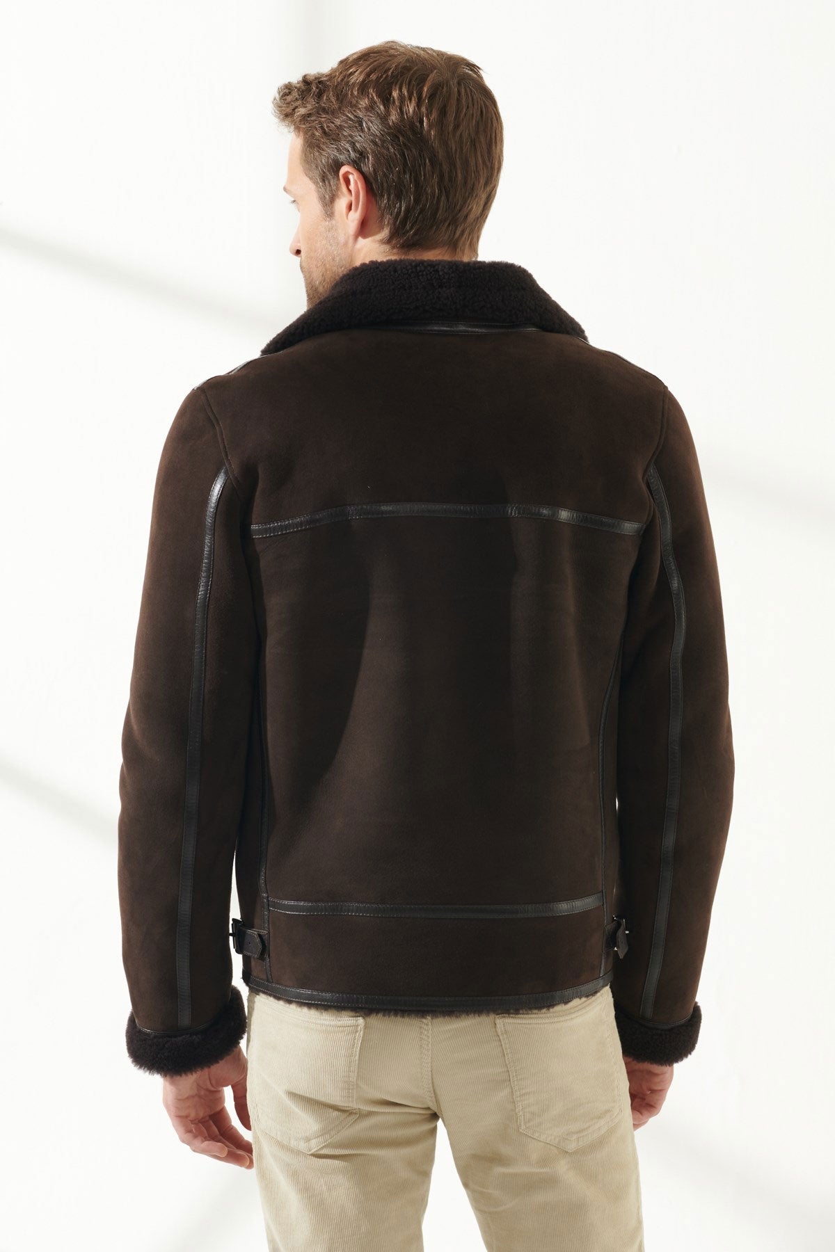 back view of shearling leather jacket