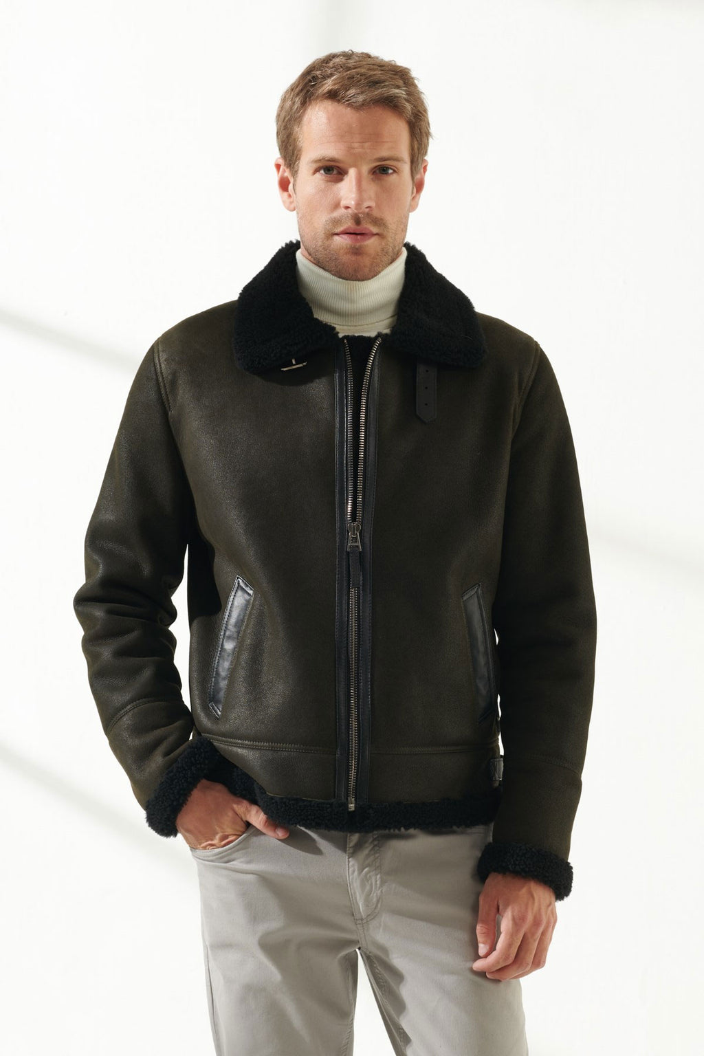 dark green shearling leather jacket