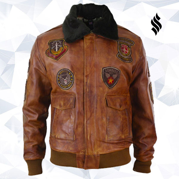 Men Aviator Flying Pilot Bomber Leather Jacket With Removeable Collar - Shearling leather