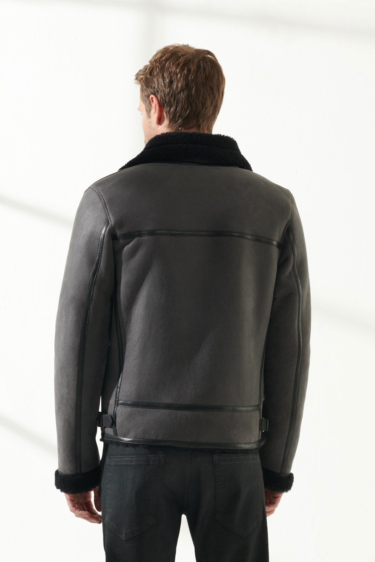 back view of mens shearling leather jacket