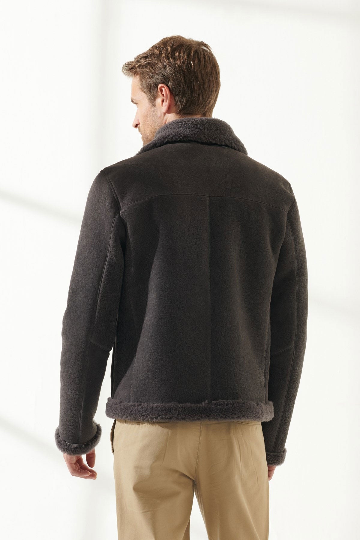 back view of Nubuck leather shearling jacket