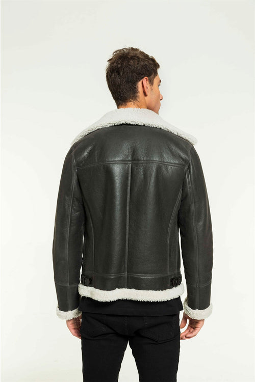 back view of Men aviator Black Leather jacket on white background
