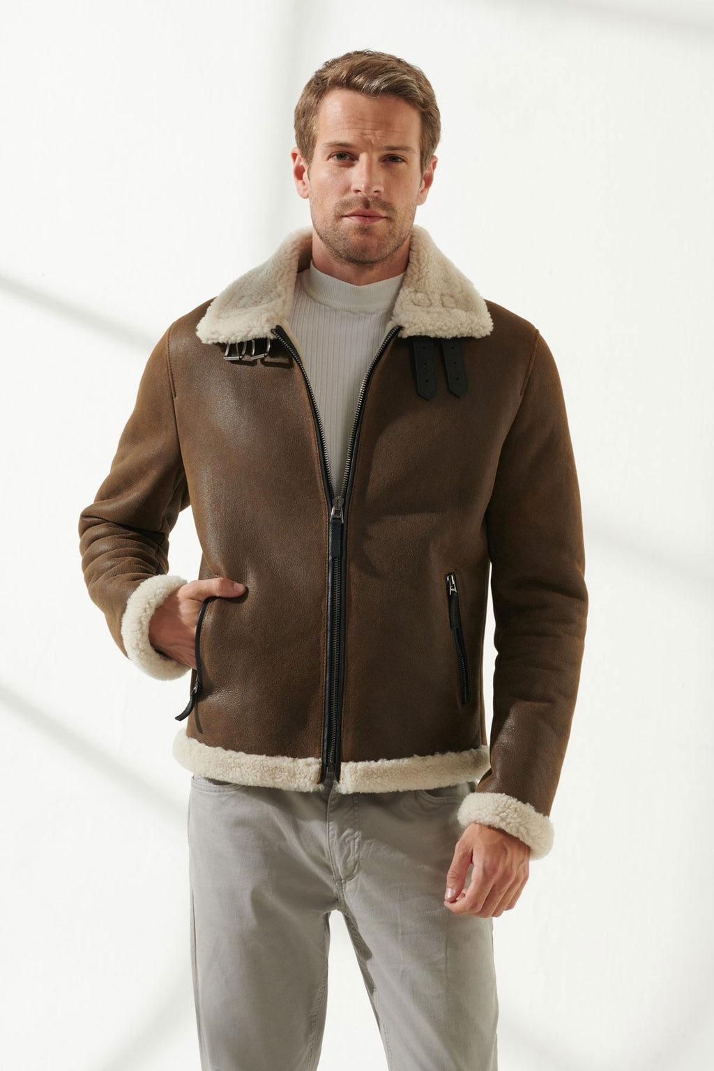 men aviator brown shearling jacket with off white fur