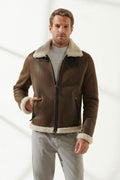men aviator brown shearling jacket with off white fur
