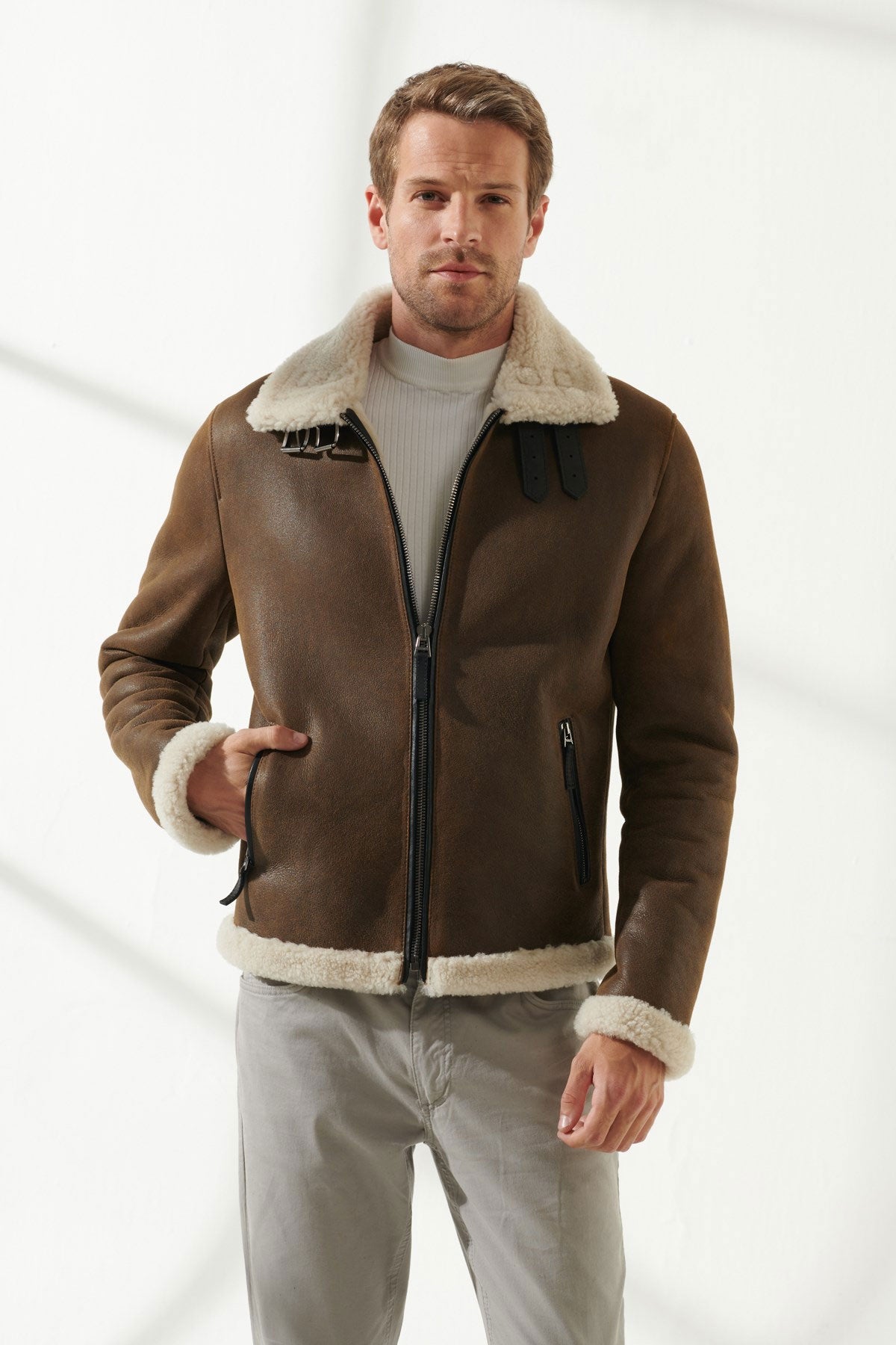 men aviator brown shearling jacket with off white fur