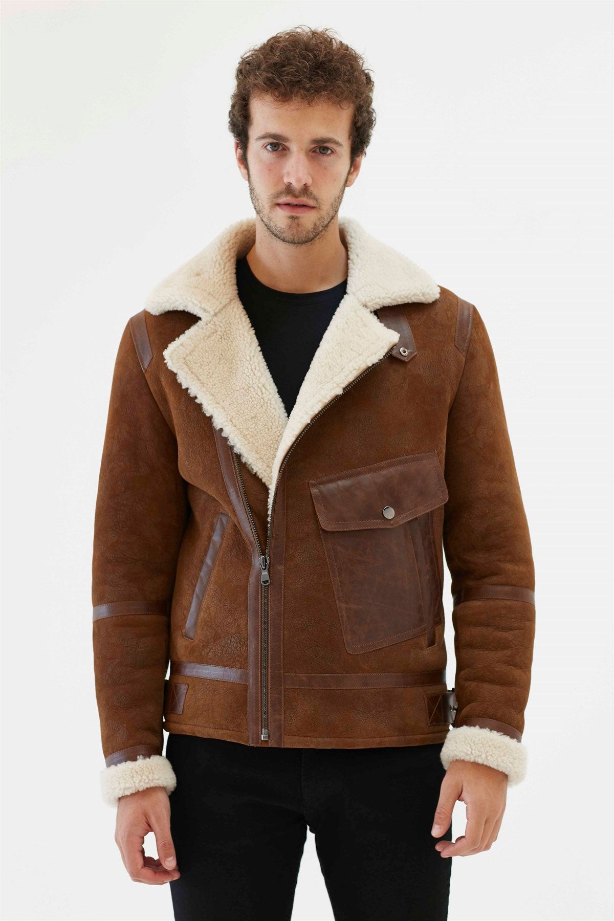 men aviator off white shearling leather jacket
